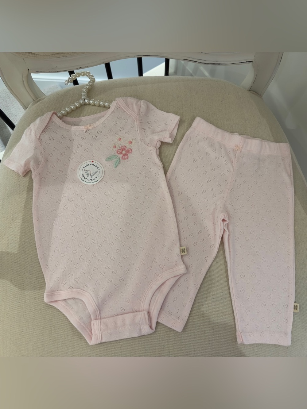 🩰 6 Mth Organic Cotton Pointelle Knit Baby Pink Floral Embroidered 2 Pc Set NWT